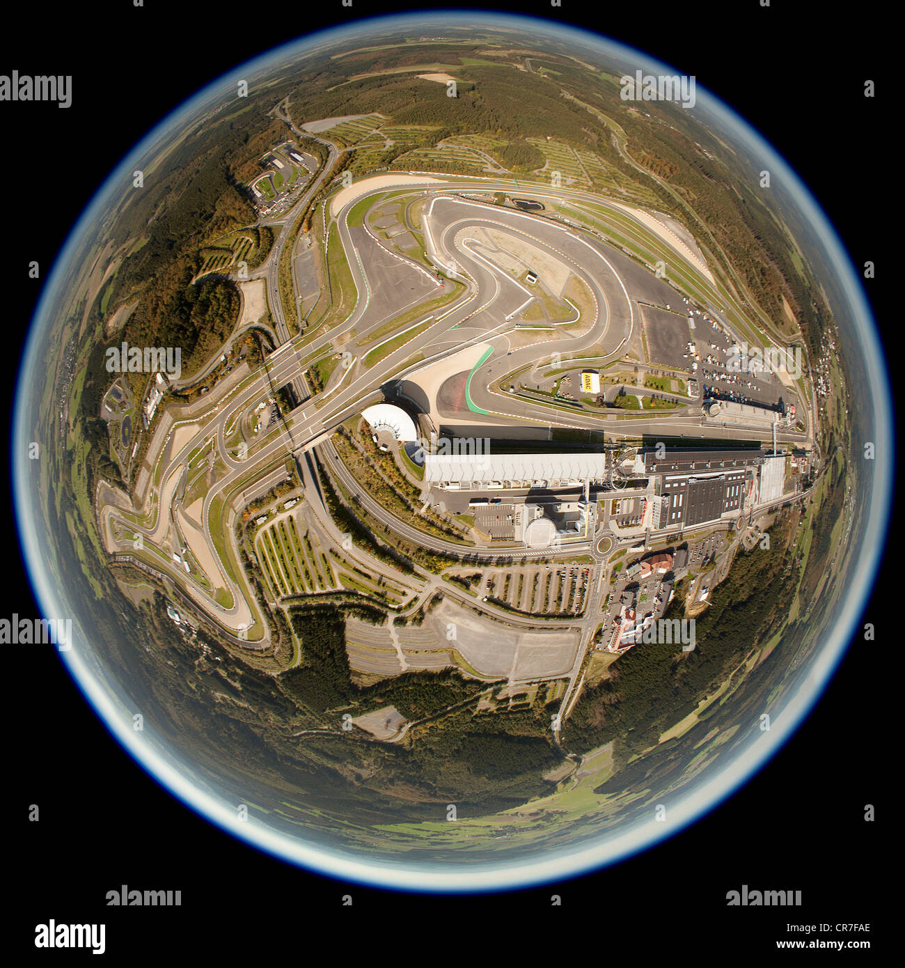 Aerial view, taken with a fisheye lens, Nuerburgring race track, Nuerburg, Eifel mountain range, Rhineland-Palatinate Stock Photo