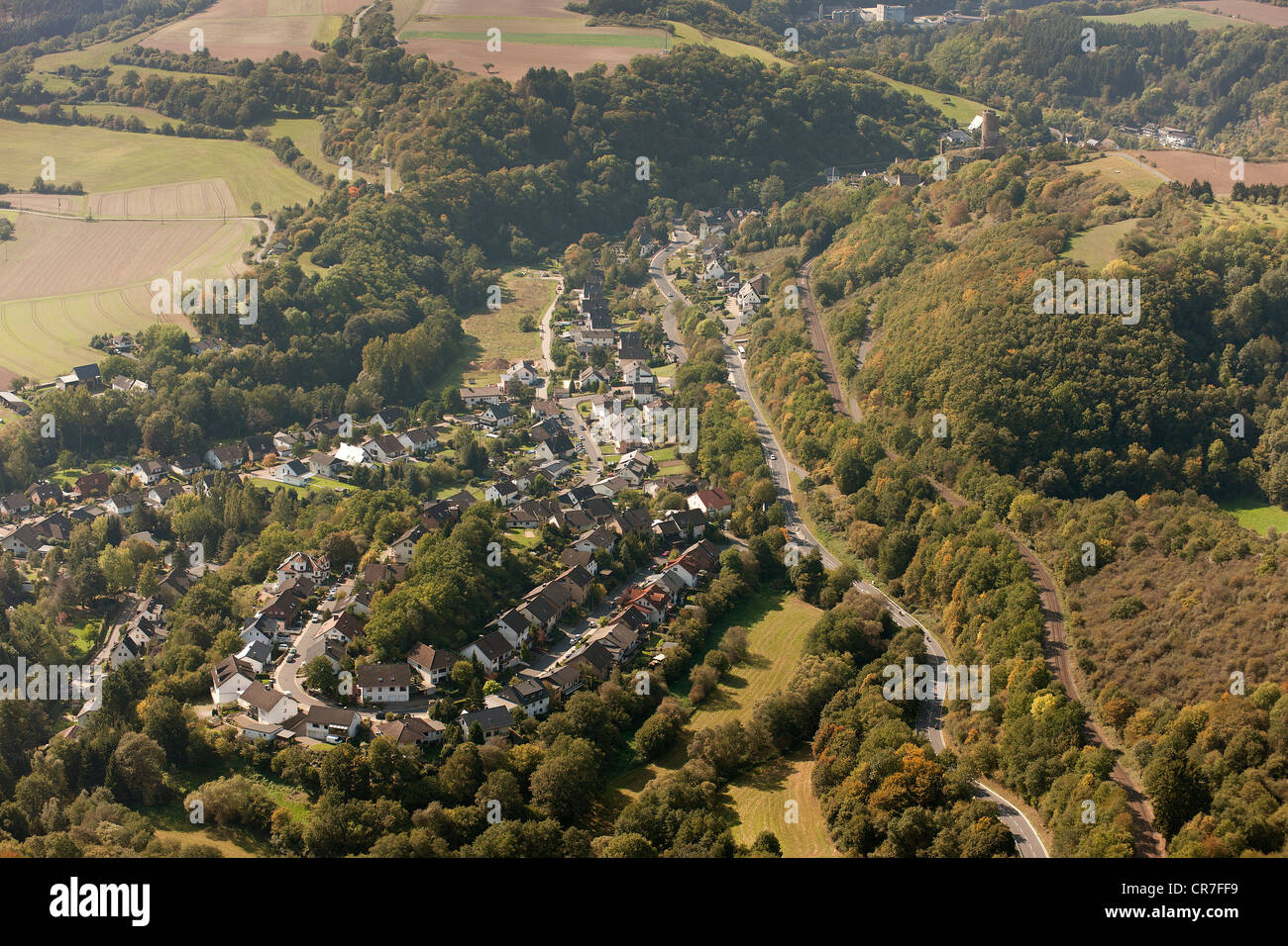 Aerial view, Loewenburg castle ruin, Monreal, Eifel mountain range, Rhineland-Palatinate, Germany, Europe Stock Photo