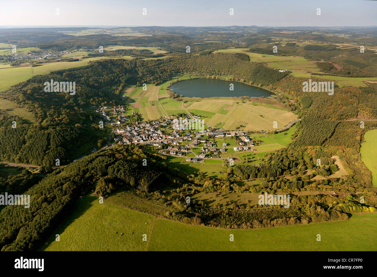 Aerial view, Manderscheid, Maar, volcanic lake, Bettenfeld, Eifel 