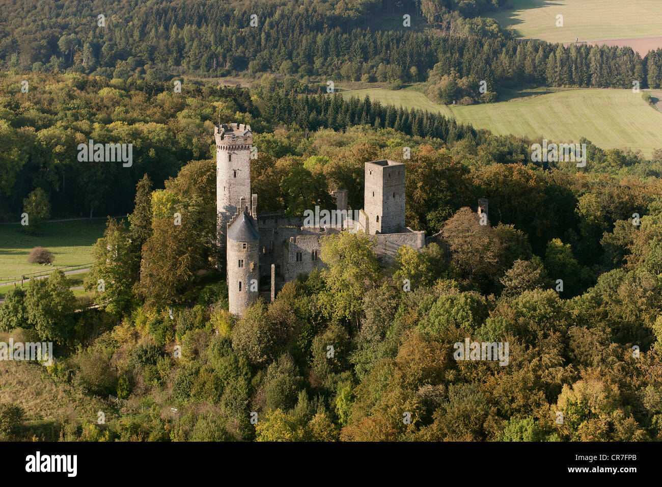 Aerial view, Kasselburg castle, an animal park for eagles and wolfs, Pelm, Eifel mountain range, Rhineland-Palatinate Stock Photo
