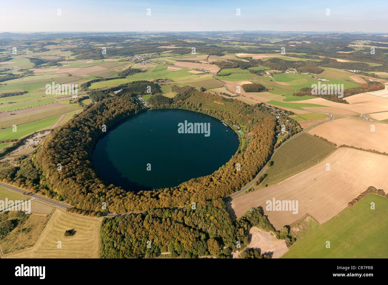 Aerial view, Gillenfeld, Pulvermaar, volcanic lake, camping ground, Eifel mountain range, Rhineland-Palatinate, Germany, Europe Stock Photo