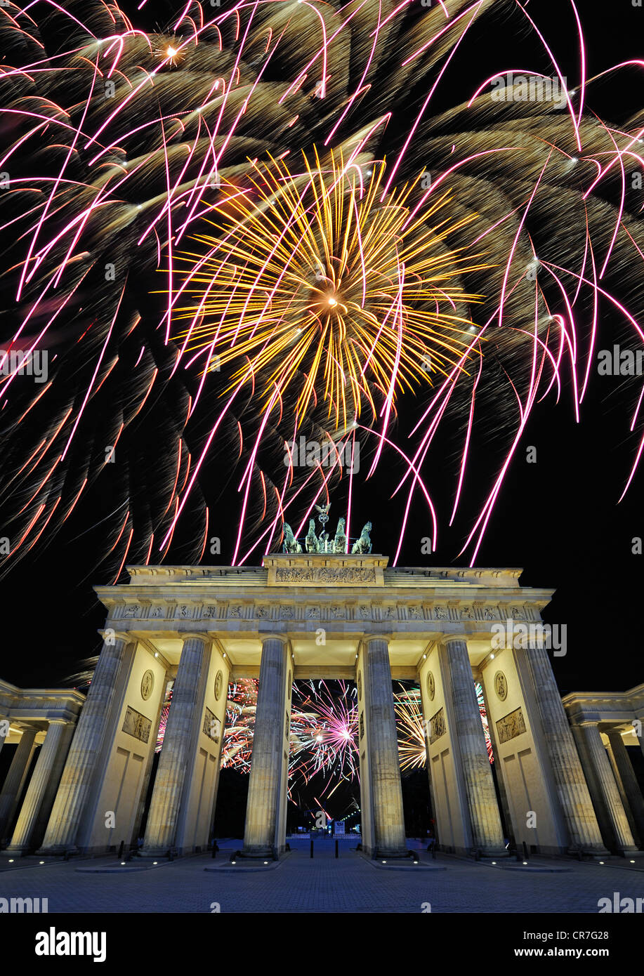 Brandenburg Gate with fireworks display, Berlin, Germany, Europe 