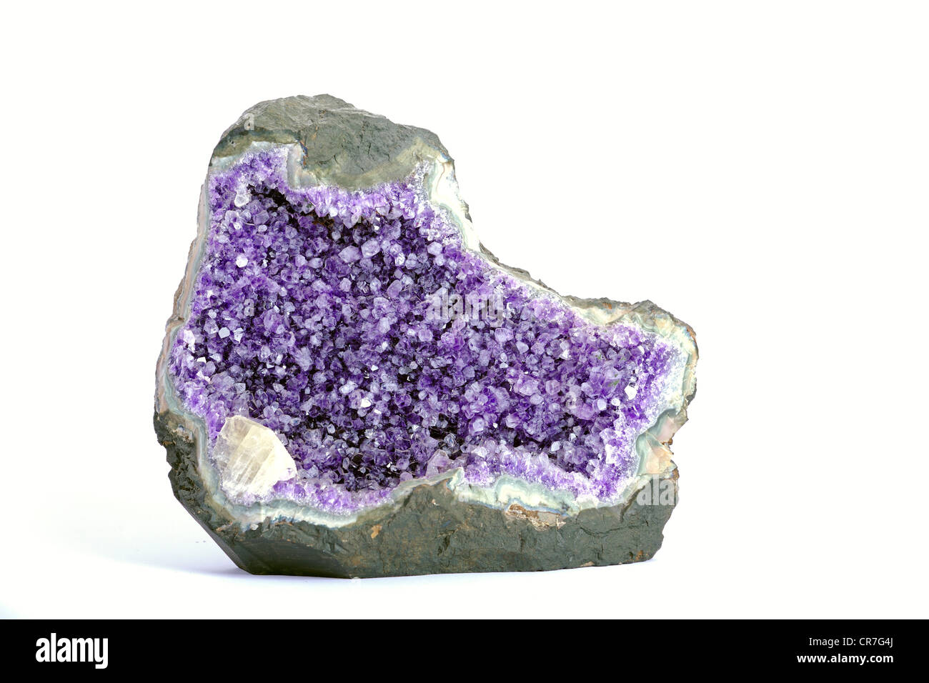 Amethyst, geode with calcite inclusions, Brazil, South America Stock Photo