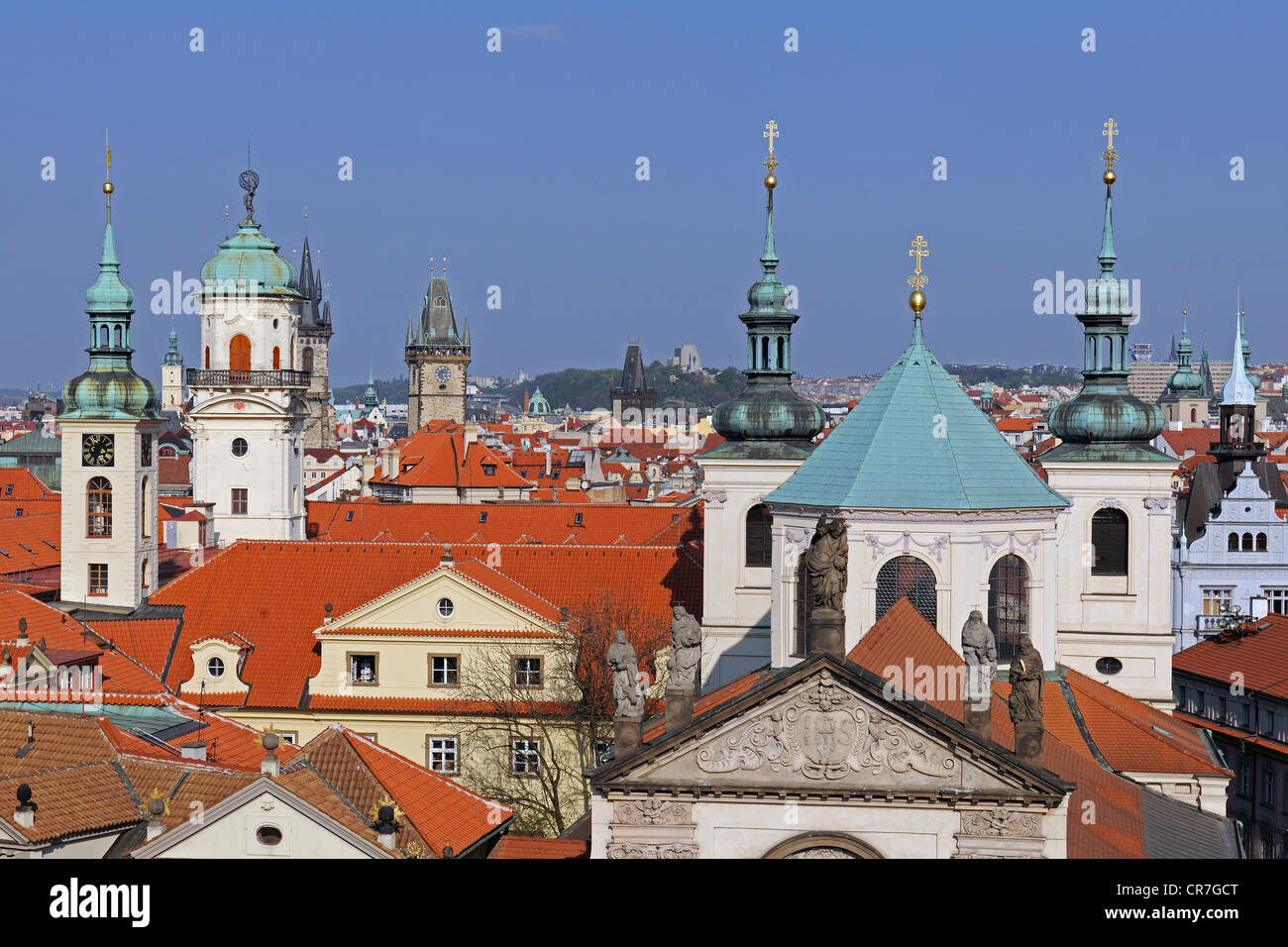 View from the Old Town Bridge Tower over the roofs of the historic town at night, Prague, Bohemia, Czech Republic, Europe Stock Photo