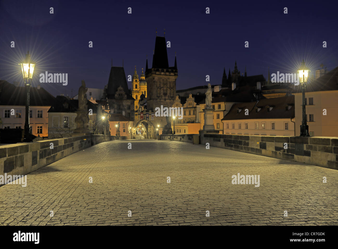 Night, Charles Bridge, towards Mala Strana, UNESCO World Heritage Site, Prague, Bohemia, Czech Republic, Europe Stock Photo