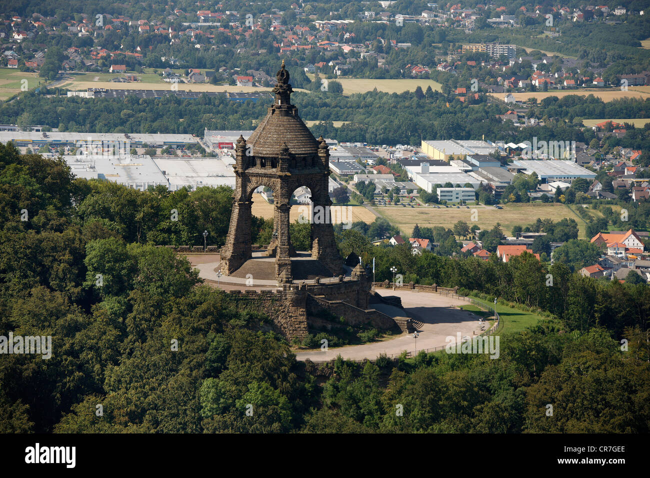 Aerial view, memorial to the emperor Kaiser Wilhelm, Porta Westfalica, Ostwestfalen-Lippe, eastern Westphalia Stock Photo