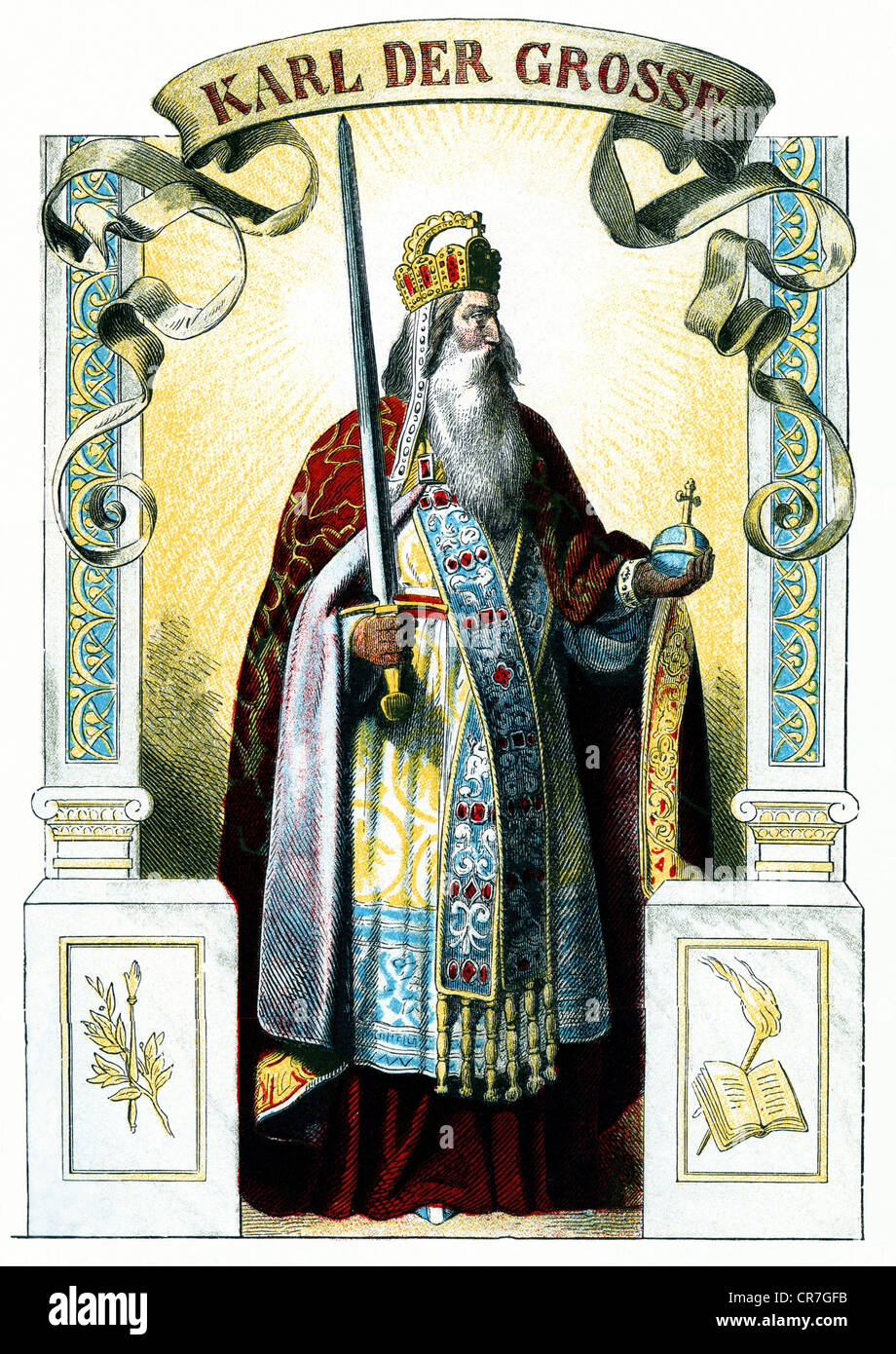 Charles the Great, king of the Frankish Empire, 2.4.747 - 28.1.814, full length, illustration from: 'Great men in word and illustrations', twenty world history personalities for the youth, by Adolf Bartels, publishing house Moritz Schauenburg, Lahr, circa 1895, Stock Photo