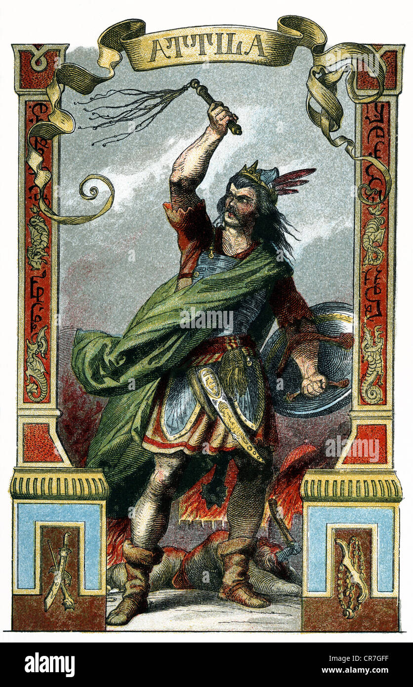 Attila, king of the Huns, died 453, illustration from: 'Great men in word and illustrations', twenty world history personalities for the youth, by Aolf Bartels, publishing house Moritz Schauenburg, Lahr, circa 1895, Stock Photo