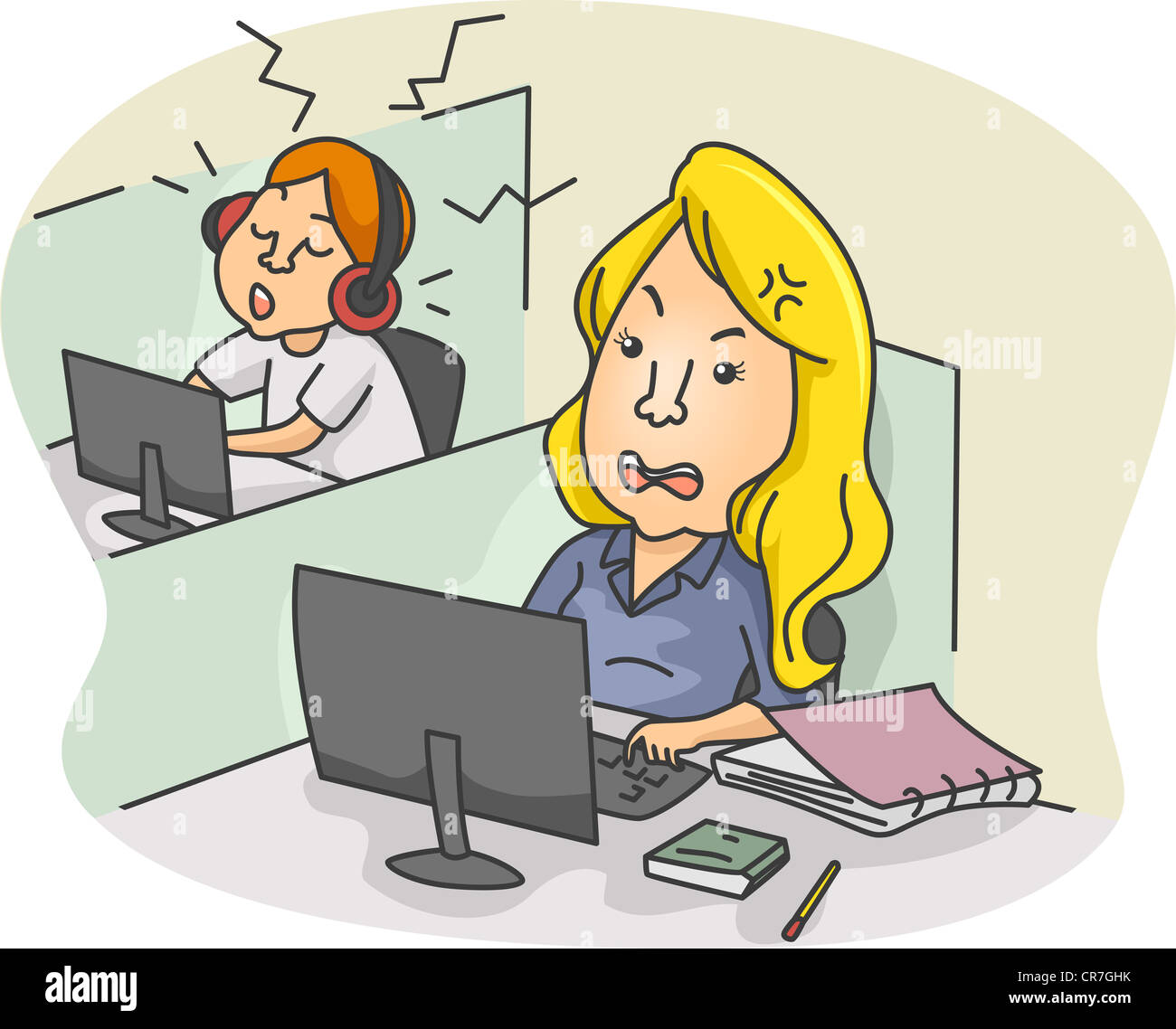 Illustration of a Girl Annoyed at the Noise Coming from the Next Cubicle Stock Photo