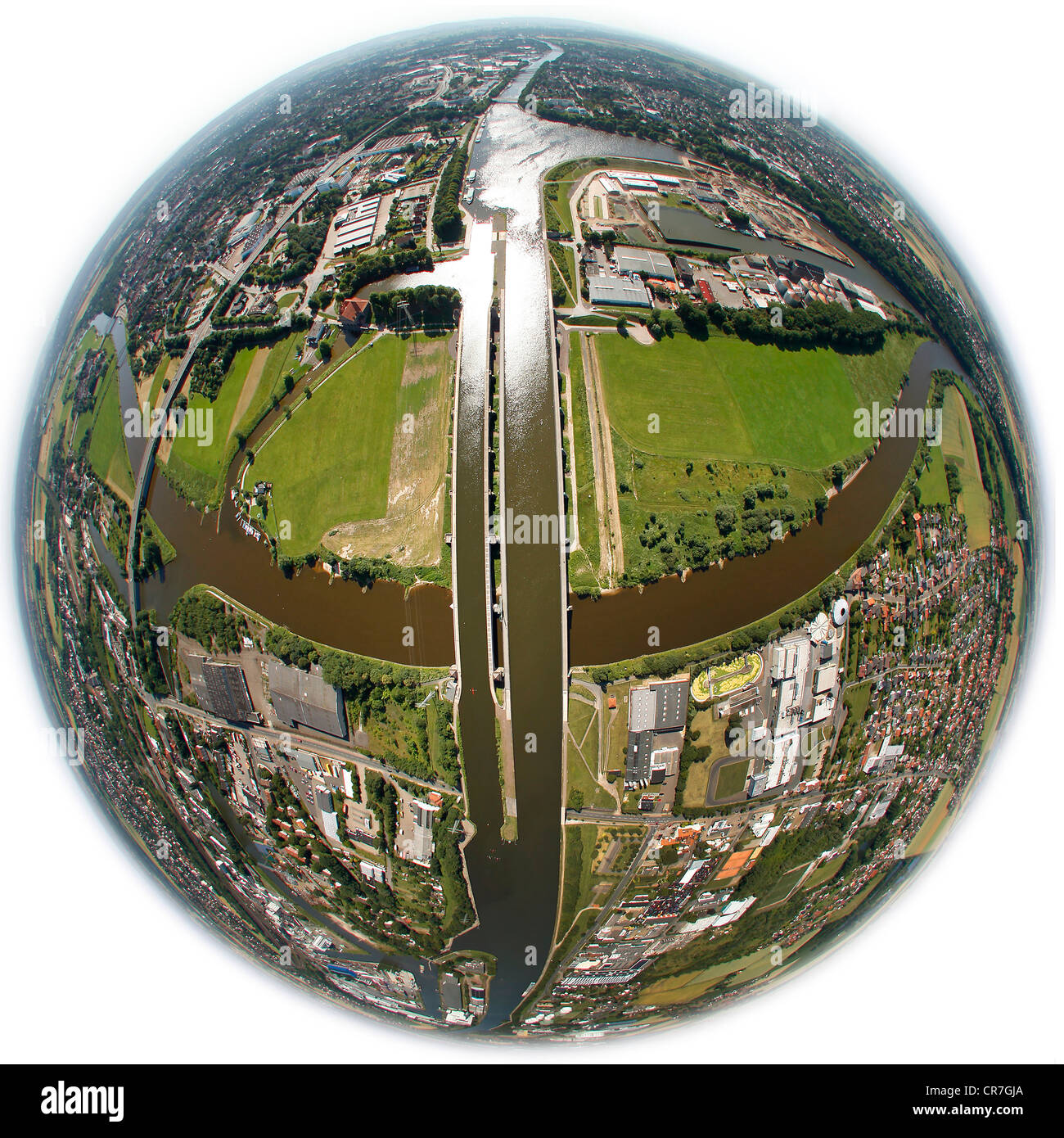 Aerial view, fisheye perspective, Minden, Minden-Luebbecke, North Rhine-Westphalia, Germany, Europe Stock Photo
