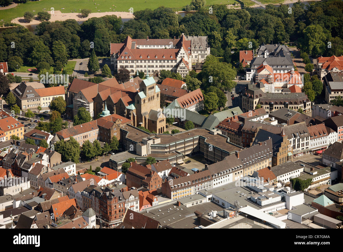 Aerial view, cathedral, Minden, Minden-Luebbecke, North Rhine-Westphalia, Germany, Europe Stock Photo