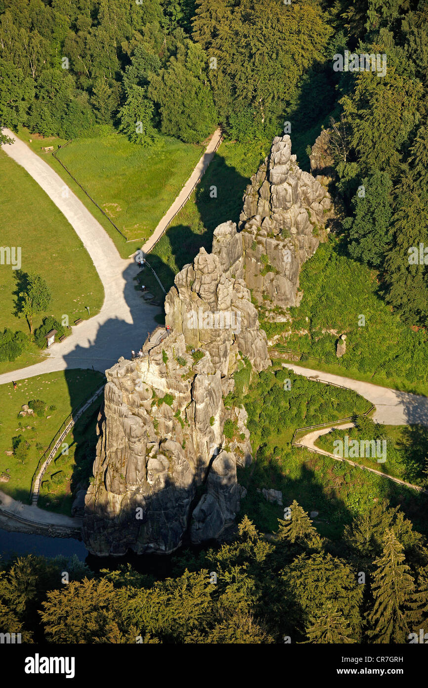 Aerial view, Externsteine rock formation, natural monument, sandstone rocks, Horn-Bad Meinberg, Ostwestfalen-Lippe Stock Photo