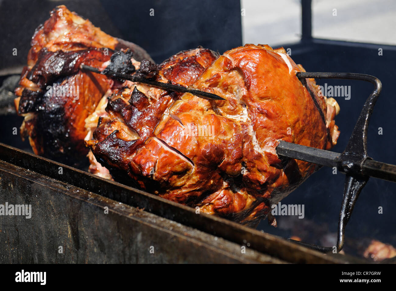 Typical Czech roast ham on a spit, Prague, Bohemia, Czech Republic, Europe Stock Photo