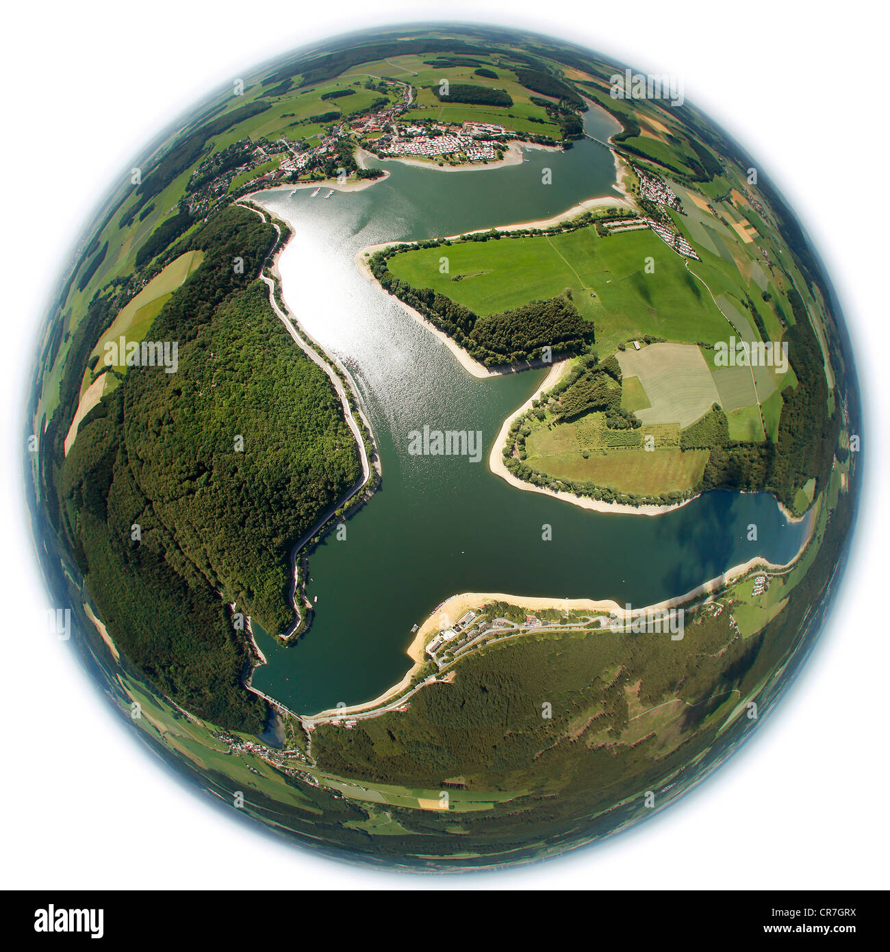 Aerial view, fisheye perspective, Diemelsee Nature Park, national park, beech forests, UNESCO World Heritage Site Stock Photo