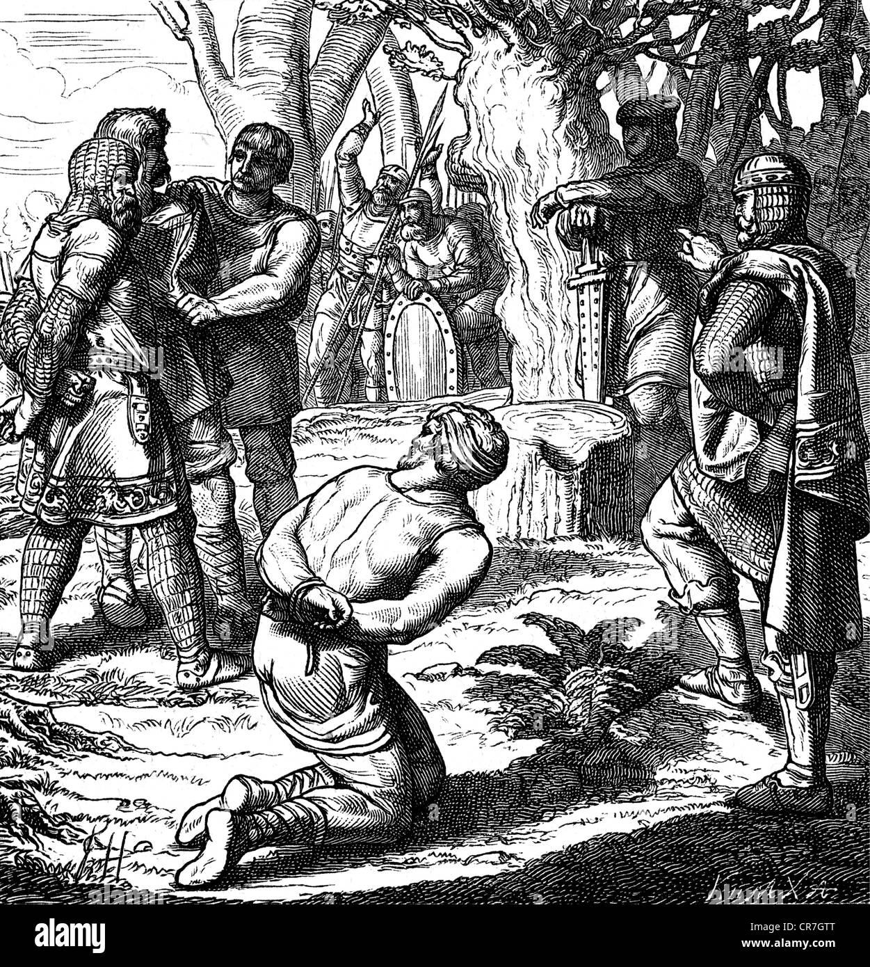 Conrad I 'the Younger', circa 881 - 23.12.918, King of East Francia 911 - 918, scene, beheading of Erchanger, Duke of Swabia, his brother Berthold and his nephew Liutfried, who are condemned as traitors, Aldingen, 21.1.917, wood engraving, 19th century, Stock Photo