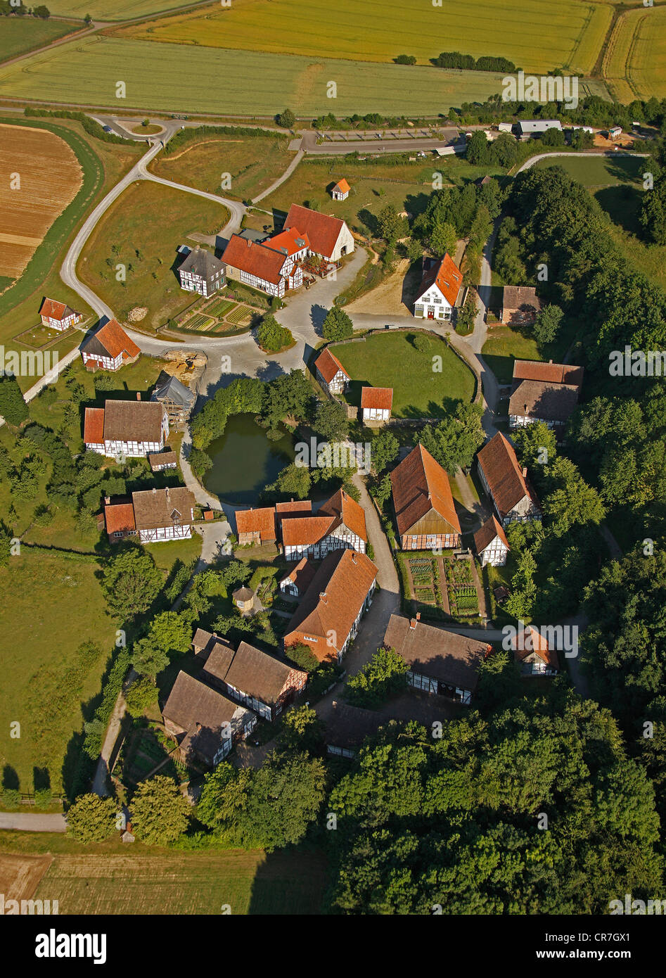 Aerial view, Paderborn village in the outdoor museum, parsonage and restaurant, Detmold Open-air Museum, Ostwestfalen-Lippe Stock Photo