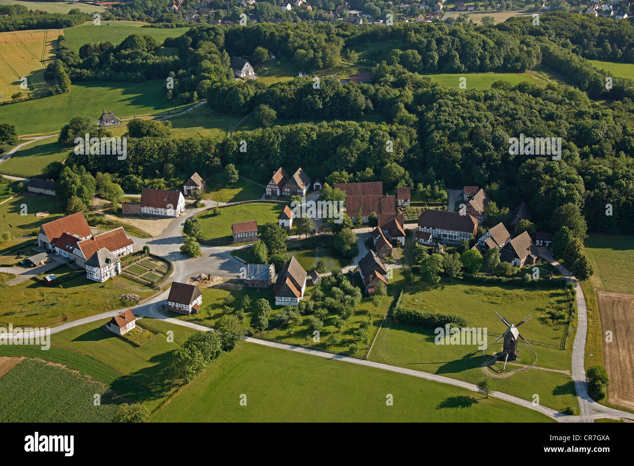 Aerial view, Paderborn village in the outdoor museum, parsonage and restaurant, Detmold Open-air Museum, Ostwestfalen-Lippe Stock Photo
