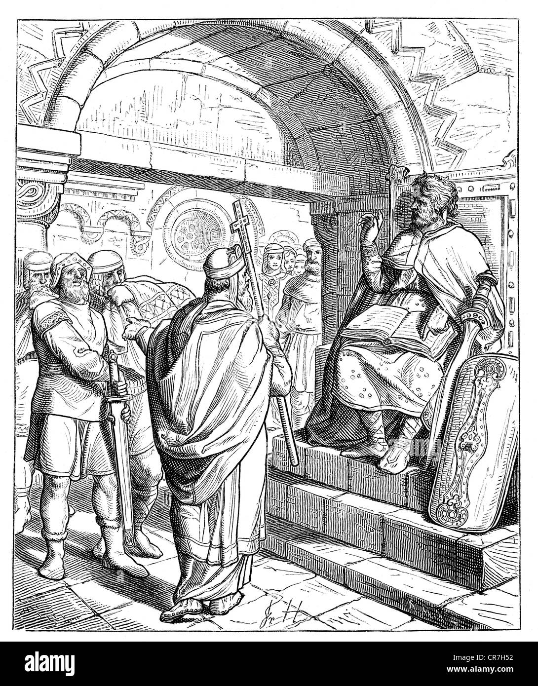 Charlemagne, 2.4.742 - 28.1.814, King of the Franks 768 - 814, Roman Emperor 800 - 814, scene,  Charlemagne holding the assizes, wood engraving, after drawing by Friedrich Hottenroth, 19th century, Stock Photo
