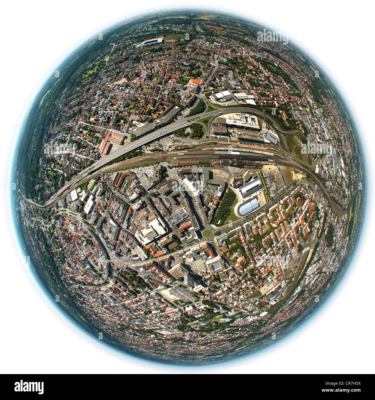 Aerial view, fisheye perspective, new station district, historic centre, Bielefeld, Ostwestfalen-Lippe, eastern Westphalia Stock Photo