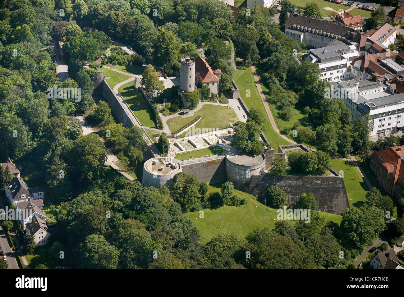 Aerial view, Johannisberg, Sparrenburg castle, castle ruins, Bielefeld, Ostwestfalen-Lippe, eastern Westphalia Stock Photo