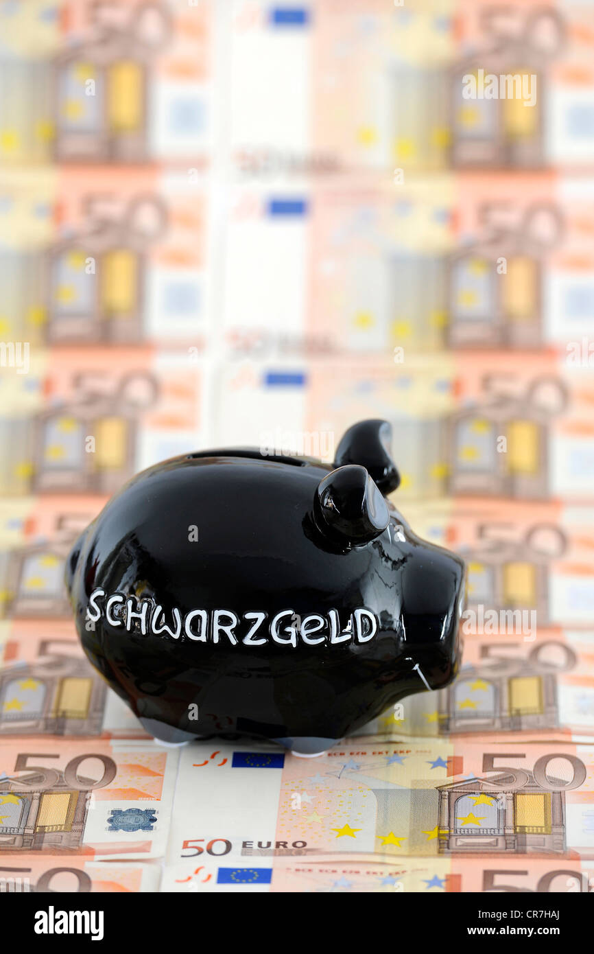 Black piggy bank with Schwarzgeld or dirty money and 50-euro notes Stock Photo