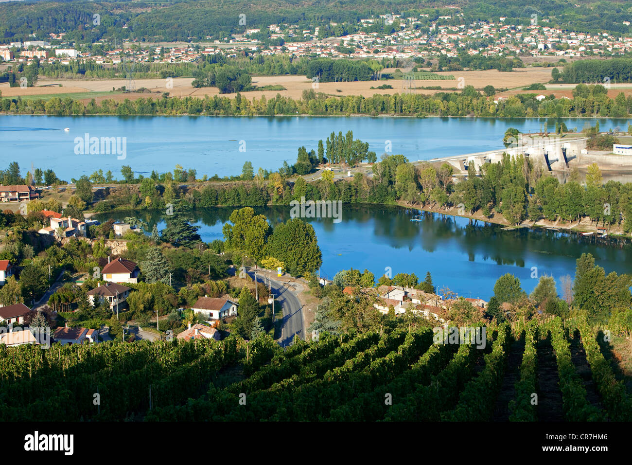 France, Loire, Saint Pierre de Boeuf, artificial lake and dam on the Rhone river, Condrieu designation vineyard Stock Photo
