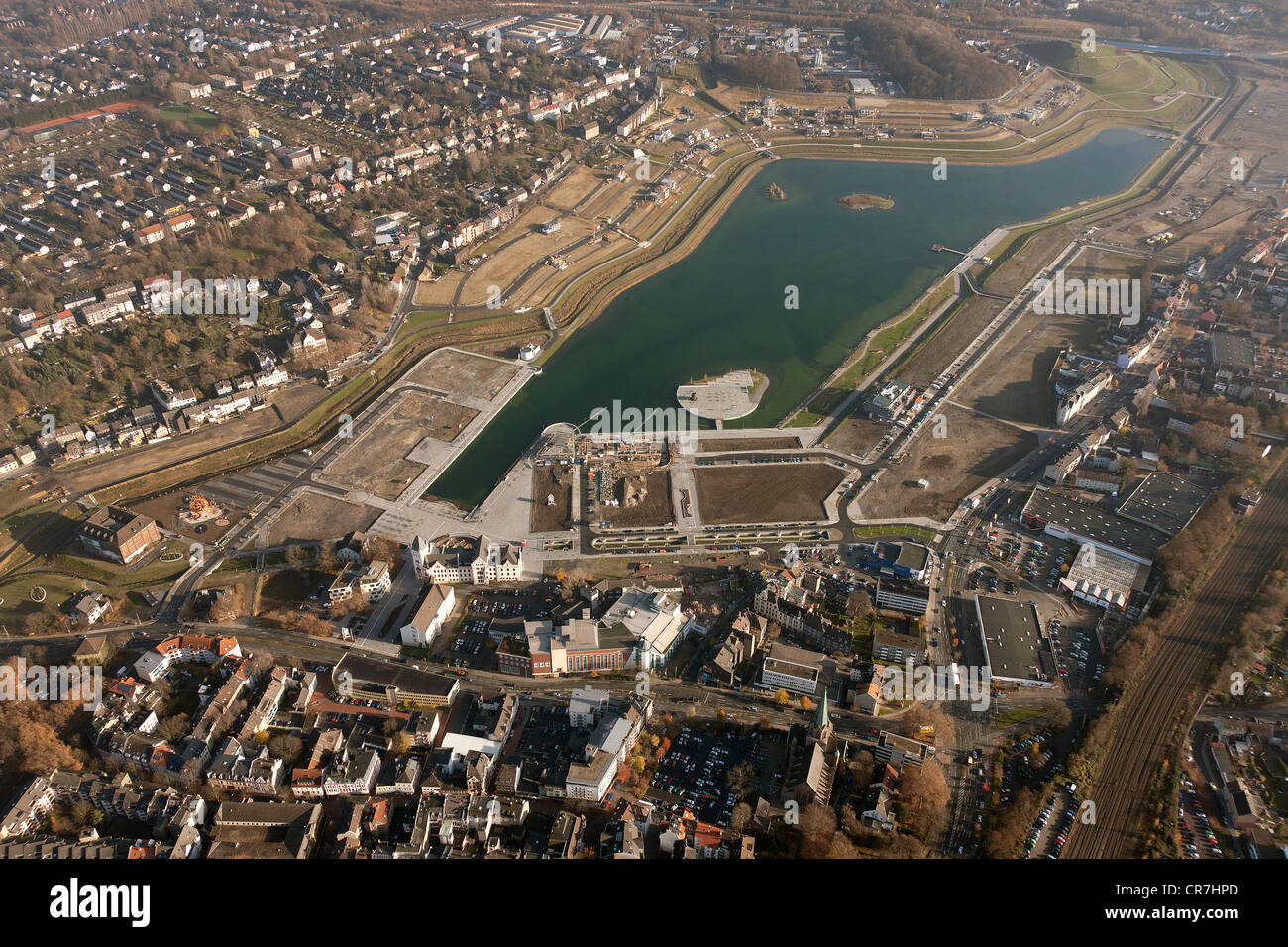 Aerial view, Phoenix-See Lake, artificial lake, Emscher river, Hoerde, Dortmund, Ruhr Area, North Rhine-Westphalia Stock Photo