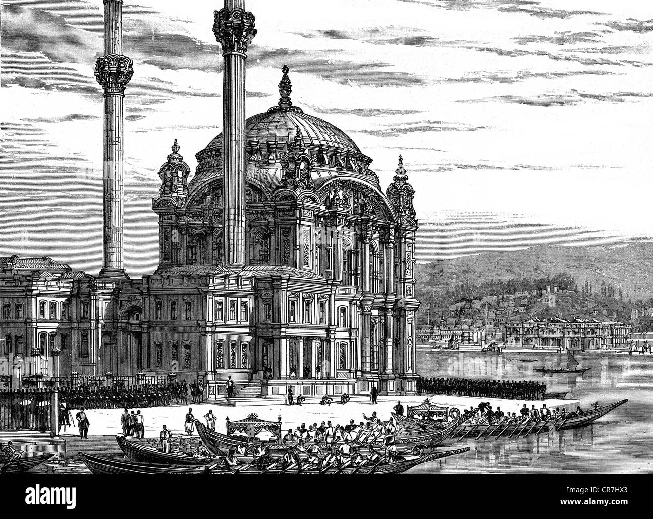 Abdul Hamid II, 21.9.1842 - 10.2.1918, Sultan of the Ottoman Empire 31.8.1876 - 27.4.1909, visting the Ortakoey Mosque for the Friday Prayer, wood engraving, 1887, Stock Photo