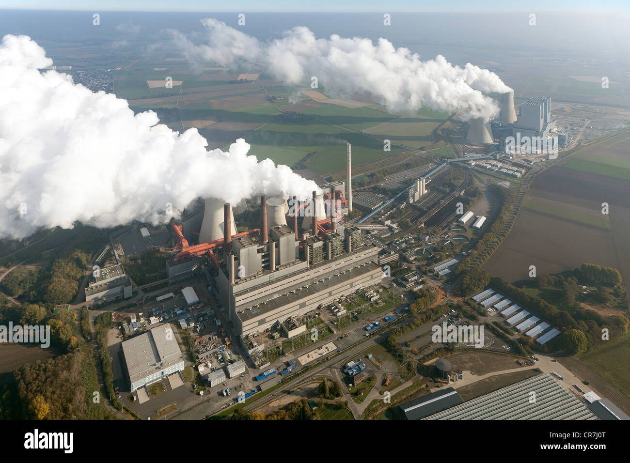 Aerial view, old and new power plants, lignite-fired power plant, RWE-Power, Niederaussem, Rhineland, North Rhine-Westphalia Stock Photo