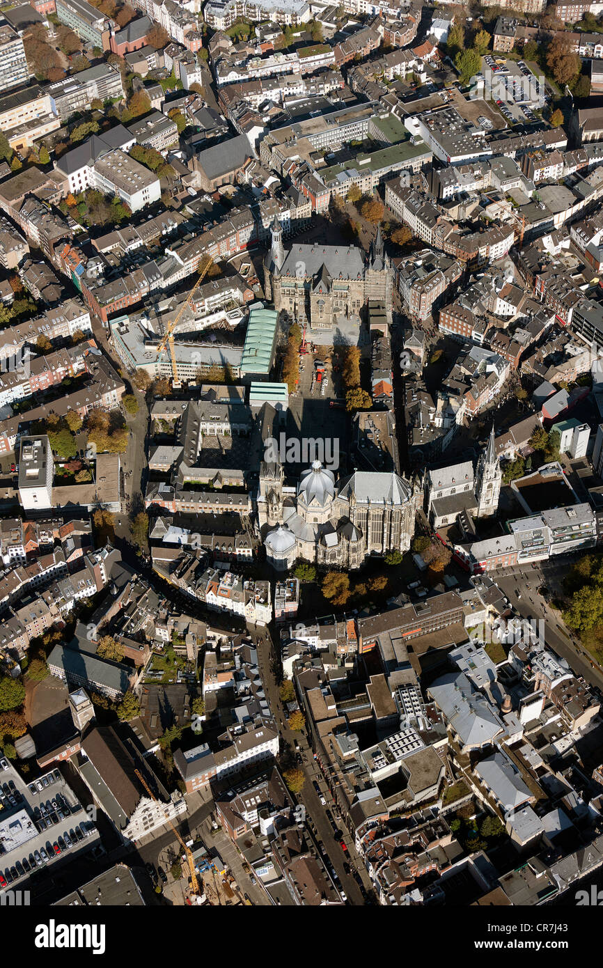Aerial view, Aachen city centre with Aachen Cathedral, a UNESCO World Heritage site, city hall, Aachen, Rhineland, Germany Stock Photo