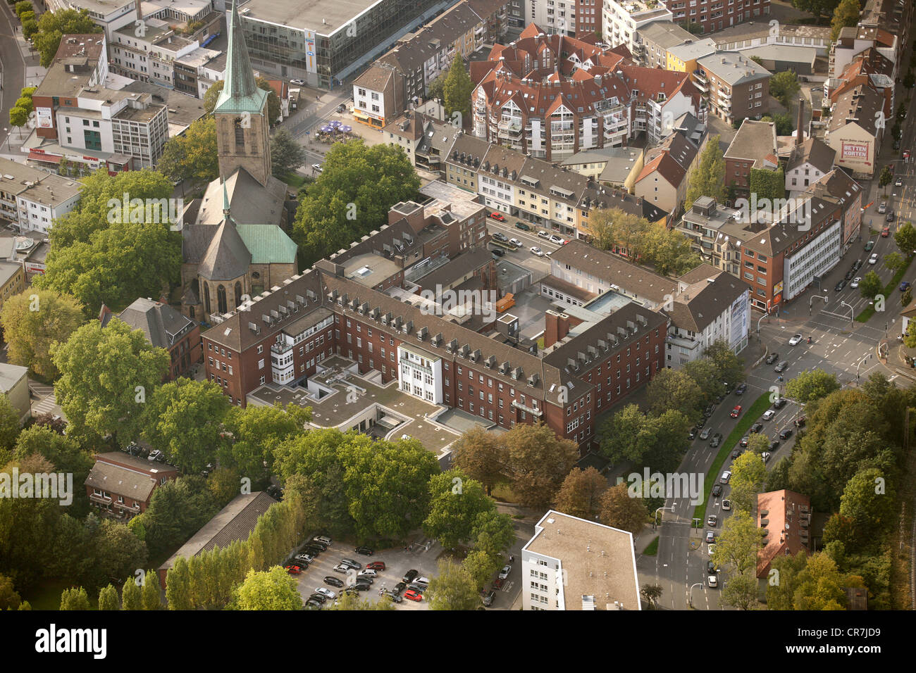 Aerial view, St. Elisabeth Hospital, city centre, next to the parish administration of the church of Saints Peter and Paul Stock Photo