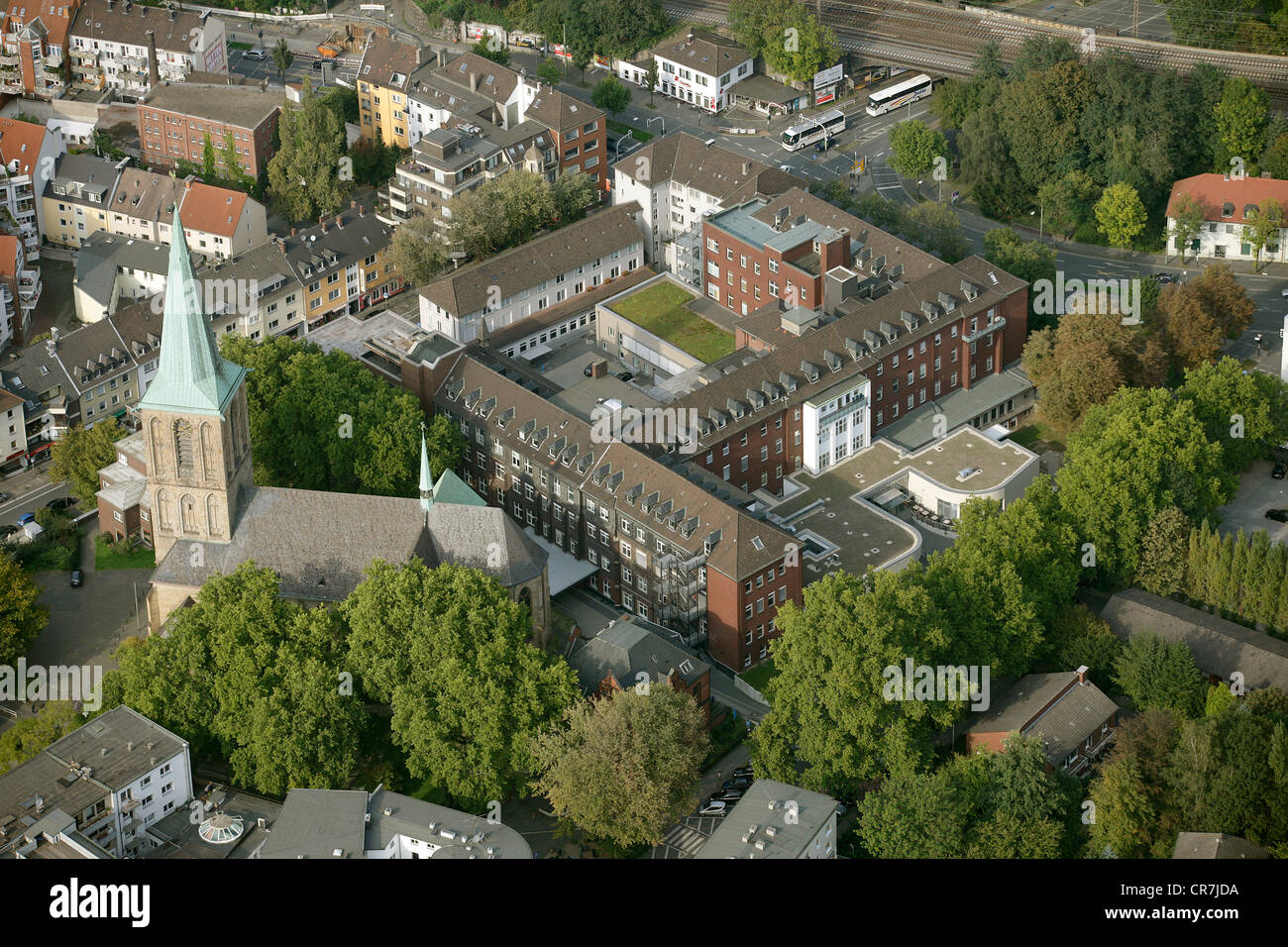 Aerial view, St. Elisabeth Hospital, city centre, next to the parish administration of the church of Saints Peter and Paul Stock Photo