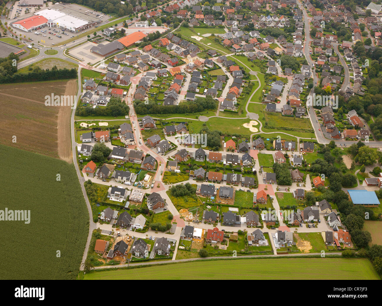 Aerial view, new housing development, Eichentum, Haltern am See, Ruhr Area, North Rhine-Westphalia, Germany, Europe Stock Photo