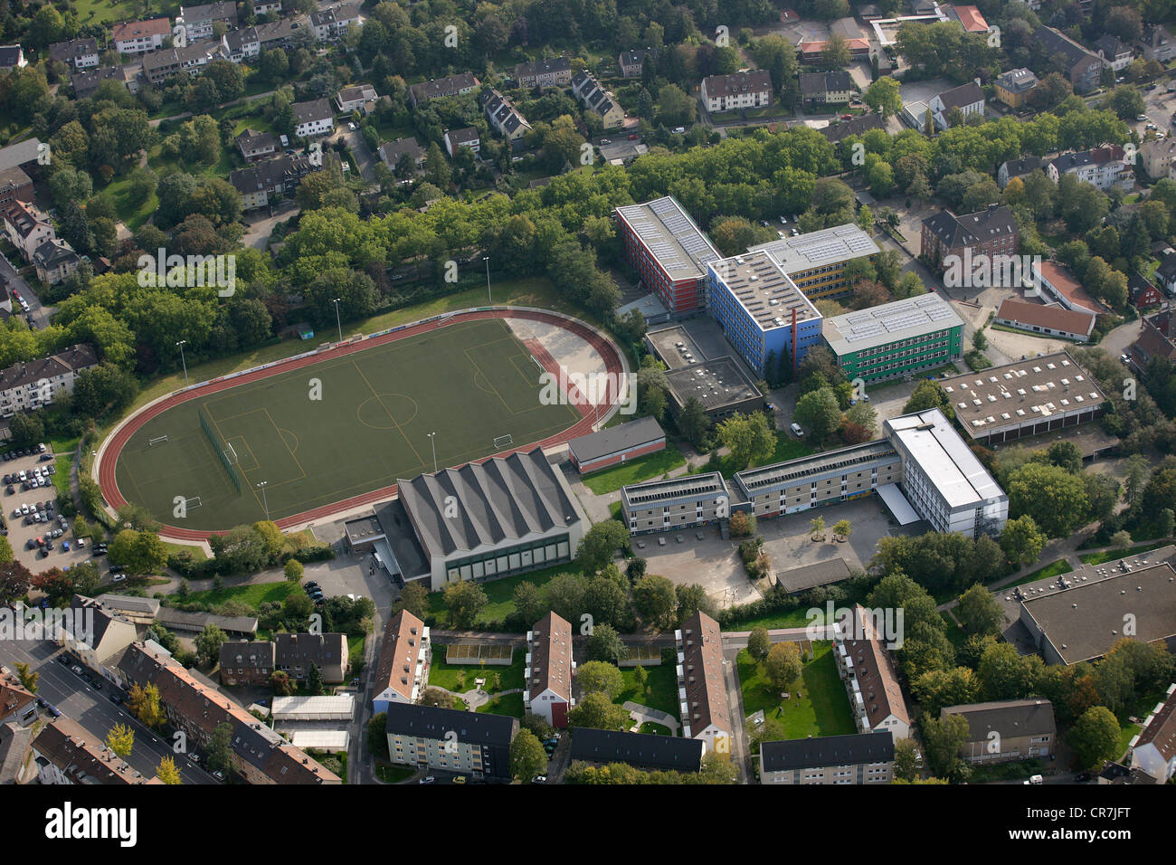 Aerial view, solar panels on roofs, vocational schools in Husemannstrasse, Witten, Ruhr Area, North Rhine-Westphalia Stock Photo