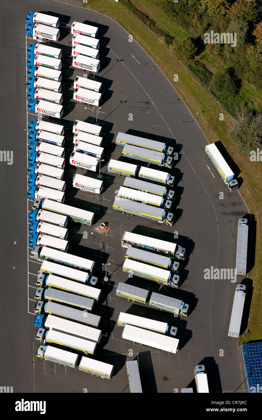 Aerial view, trucks, EDEKA logistics centre, Meckenheim, North Rhine-Westphalia, Germany, Europe Stock Photo