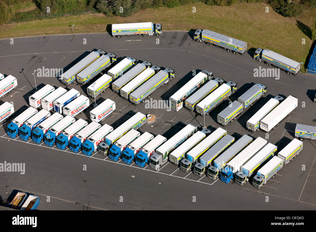 Aerial view, trucks, EDEKA logistics centre, Meckenheim, North Rhine-Westphalia, Germany, Europe Stock Photo
