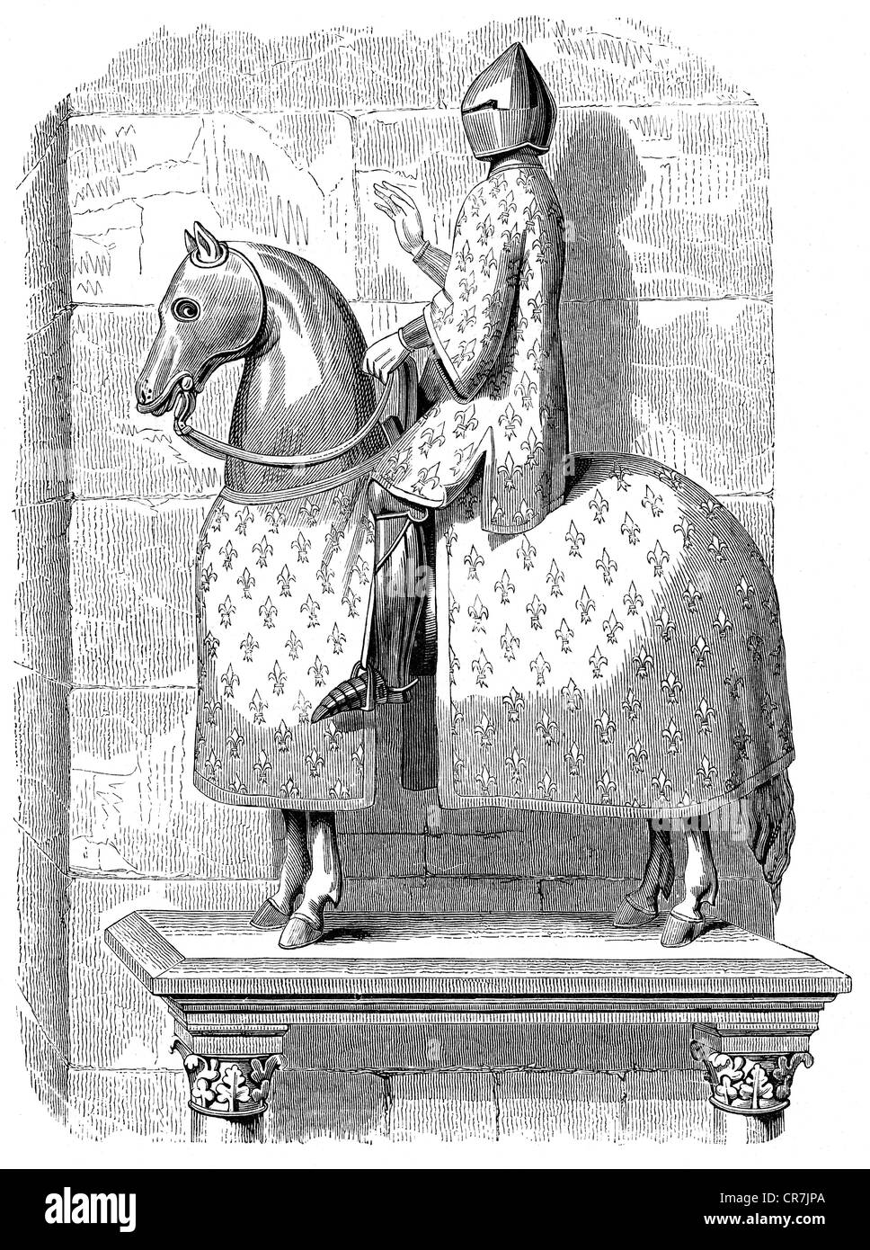Philip IV 'the Fair', 1268 - 29.11.1314, King of France 1285 - 1314, full length, on horseback in armour, entering Paris after his victory in Flandres, wood engraving, 19th century, after a equestrian statue (destroyed in 1772), Stock Photo