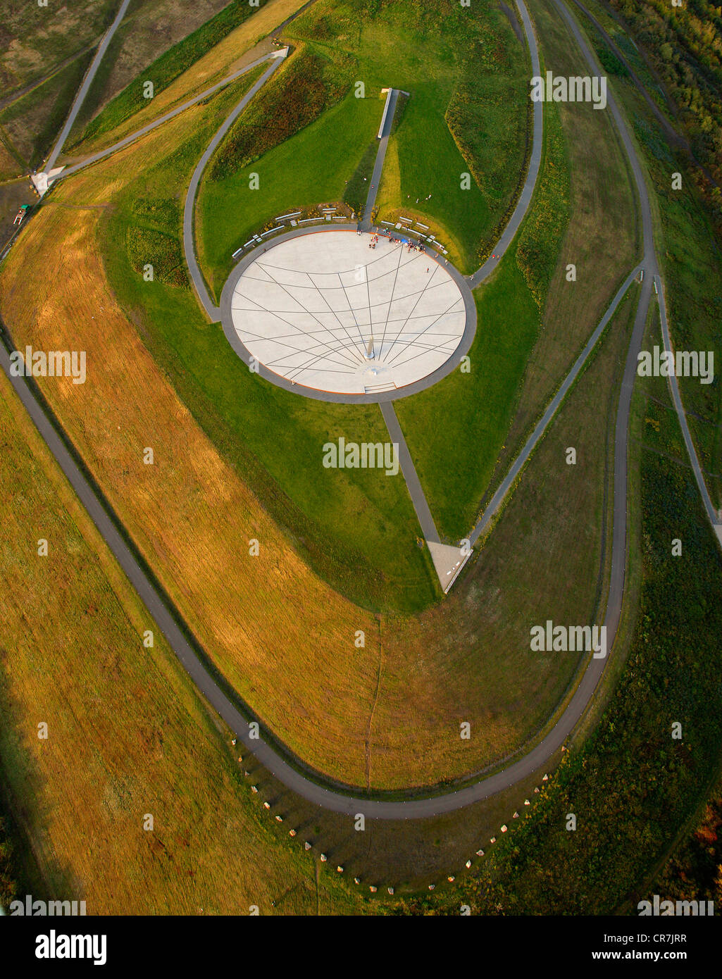 Aerial view, obelisk on Halde Hoheward slag heap between Recklinghausen and Herten, Emscherbruch landscape park, Ruhr Area Stock Photo