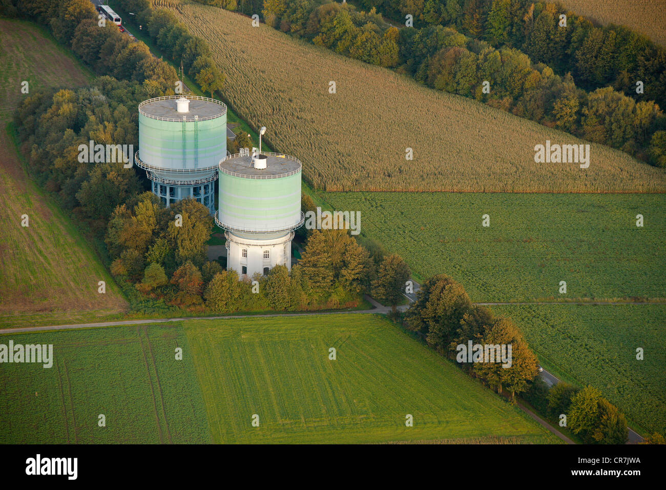 Aerial view, water towers Westholter Weg, Herten, Ruhr Area, North Rhine-Westphalia, Germany, Europe Stock Photo