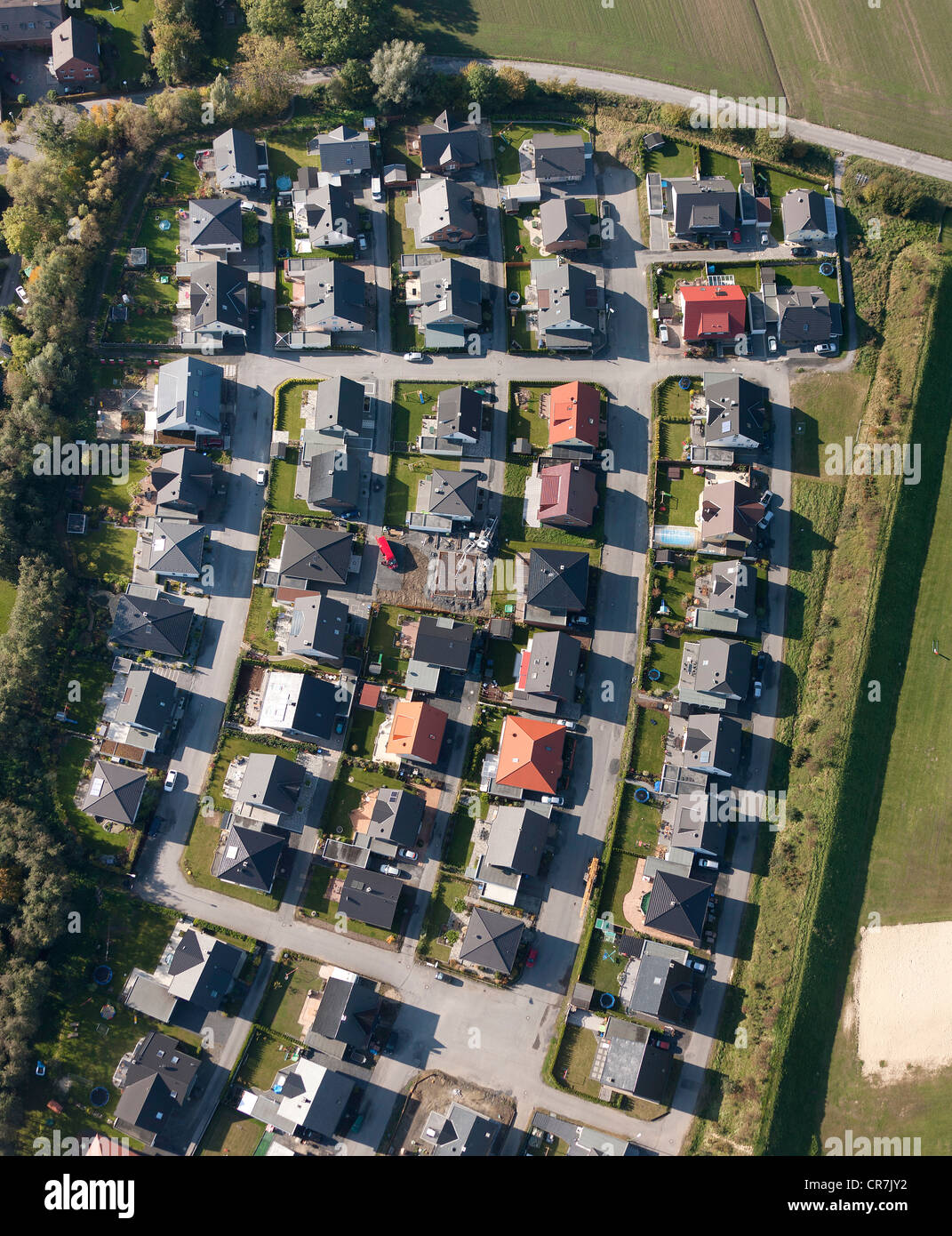 Aerial view, detached houses, one-family houses, Erikastrasse construction area, Hamm, Ruhr Area, North Rhine-Westphalia Stock Photo