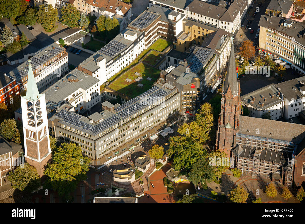 Aerial view, Sparkasse, building society, with solar panels on roof, town centre, Gelsenkirchen, Ruhrgebiet Stock Photo