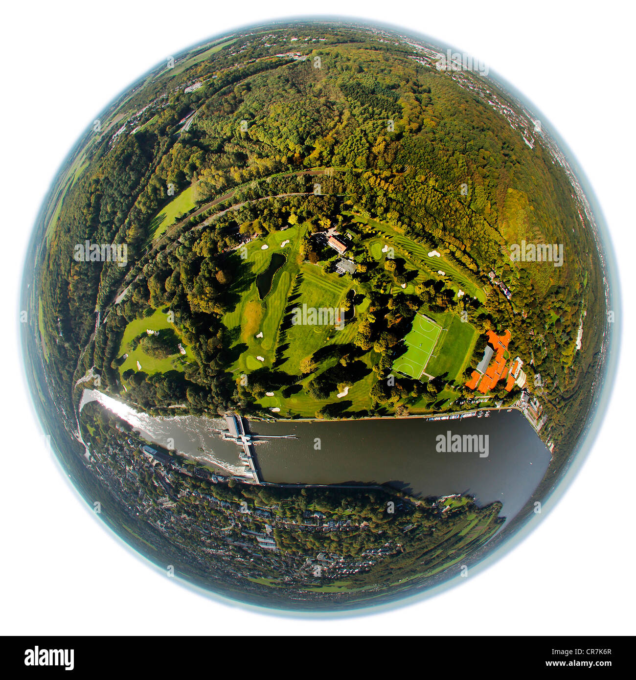 Aerial view, fisheye shot, golf course at Baldeneysee, Lake Baldeney, Ruhr river, Essen-Werden, Essen, Ruhr Area Stock Photo