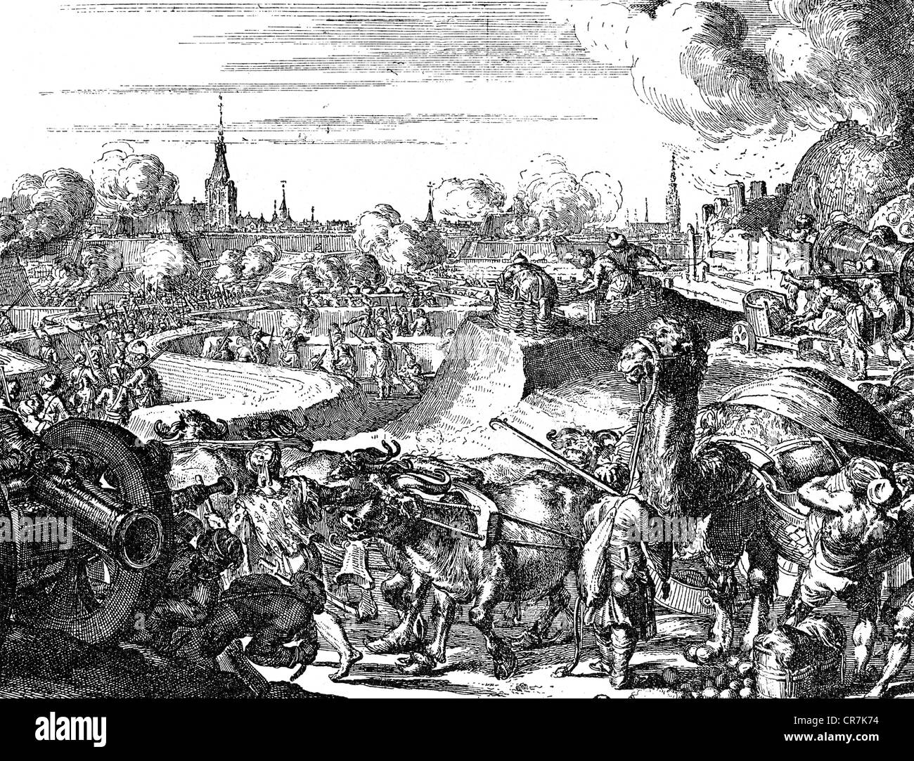 events, Great Turkish War 1683 - 1699, Siege of Vienna 14.7.- 12.9.1683, Turkish redoubts, contemporary copper engraving, Ottoman-Habsburg Wars, Turks, Ottoman Empire, field fortifications, trench, trenches, 17th century, historic, historical, people, Artist's Copyright has not to be cleared Stock Photo