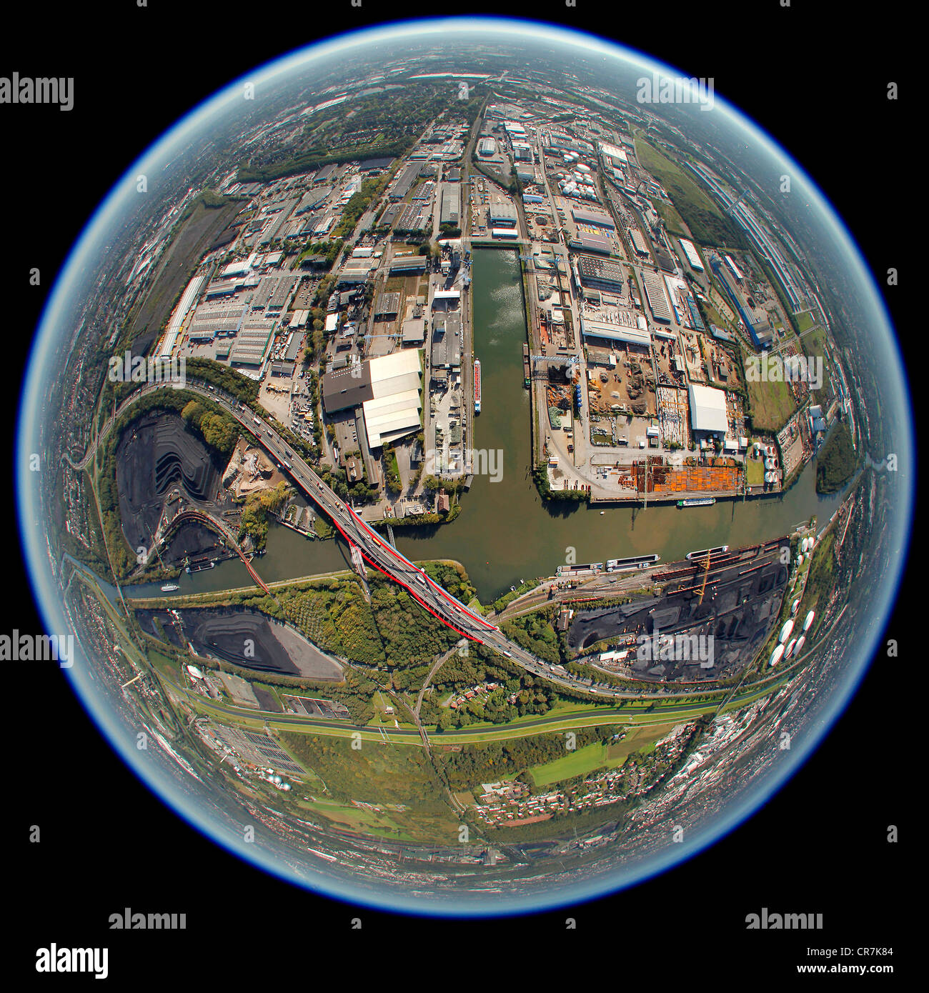 Aerial view, fisheye shot, Stadthafen, city port of Essen, Rhine–Herne Canal, Essen, Ruhr Area, North Rhine-Westphalia Stock Photo