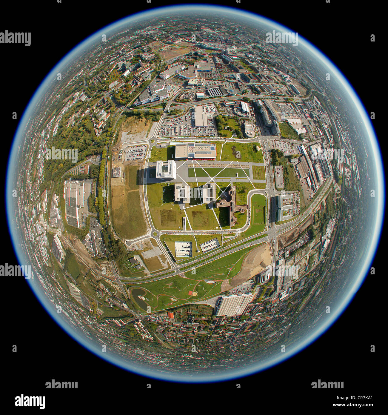 Aerial view, fisheye shot, ThyssenKrupp headquarters, Essen, Ruhr Area, North Rhine-Westphalia, Germany, Europe Stock Photo