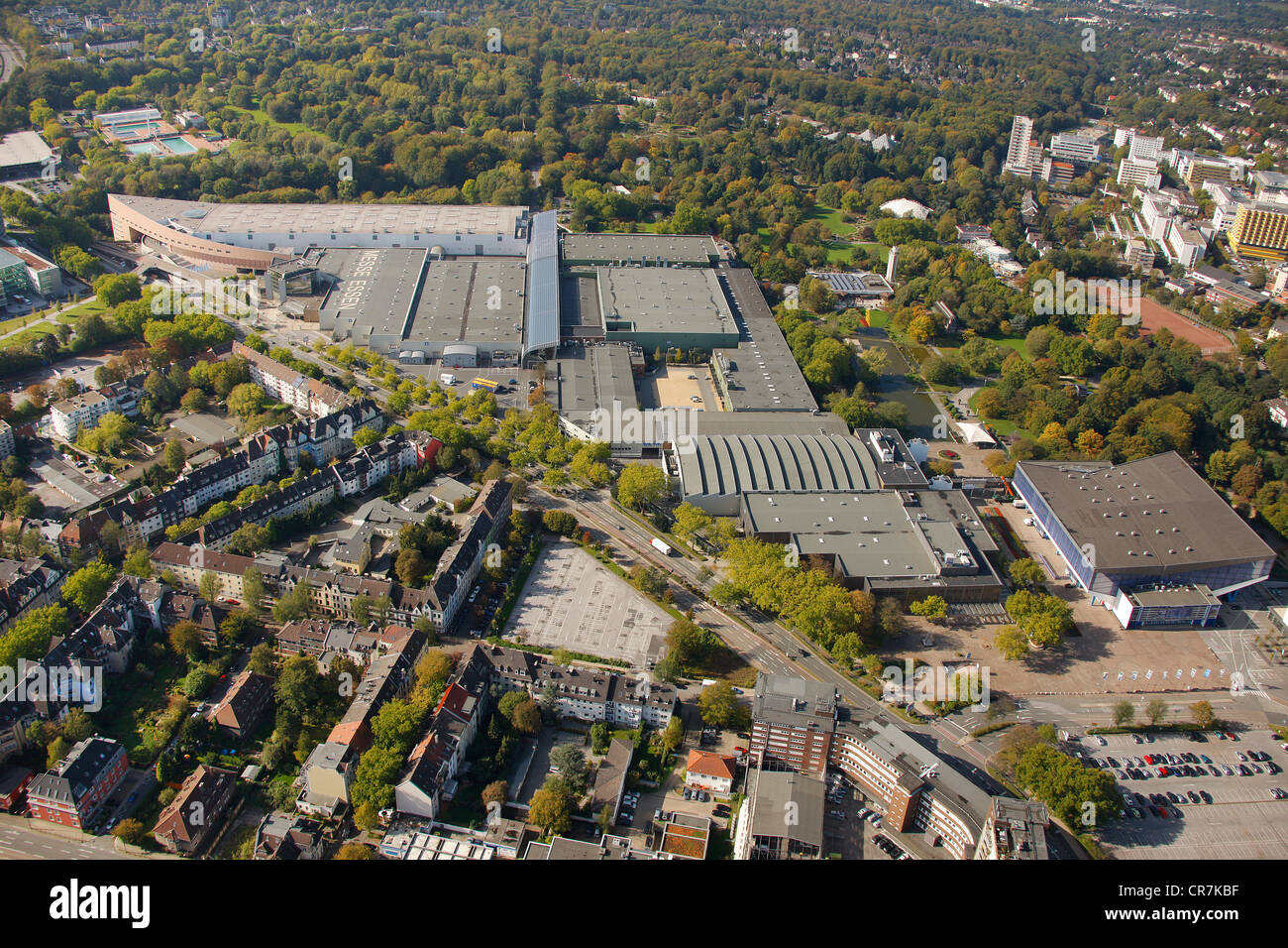 Aerial view, Grugapark with Essen trade fair grounds, Essen, Ruhr Area, North Rhine-Westphalia, Germany, Europe Stock Photo
