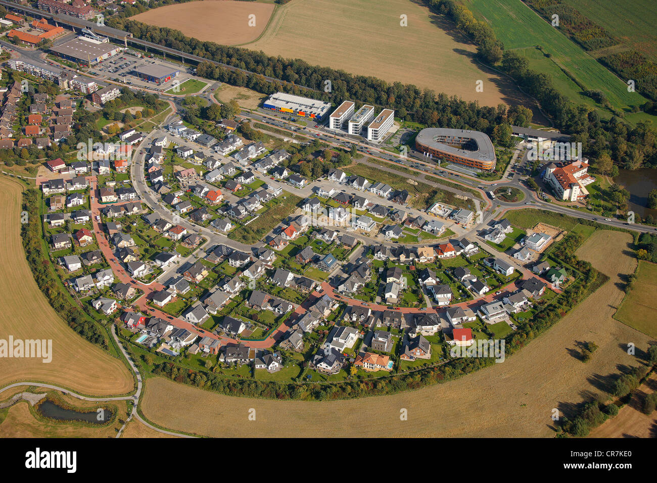 Aerial view, Xella Germany HQ, Infineon, Angerbogen, Landhaus Milser Hotel, Duisburg, Ruhr Area, North Rhine-Westphalia Stock Photo
