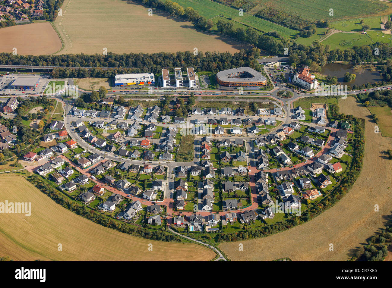 Aerial view, Xella Germany HQ, Infineon, Angerbogen, Landhaus Milser Hotel, Duisburg, Ruhr Area, North Rhine-Westphalia Stock Photo
