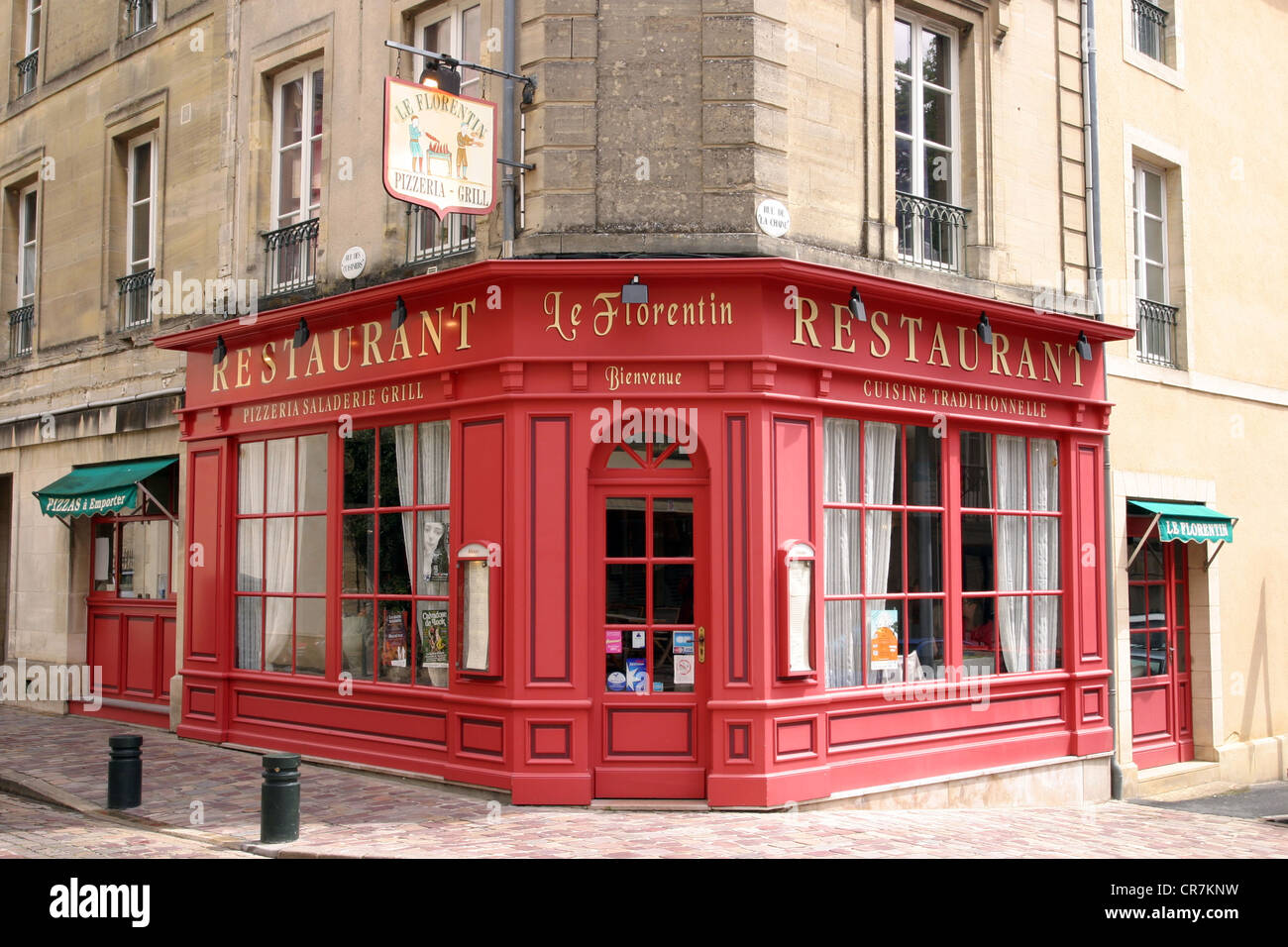 Corner French Cafe Red Paris, France, Large Crowd French People,