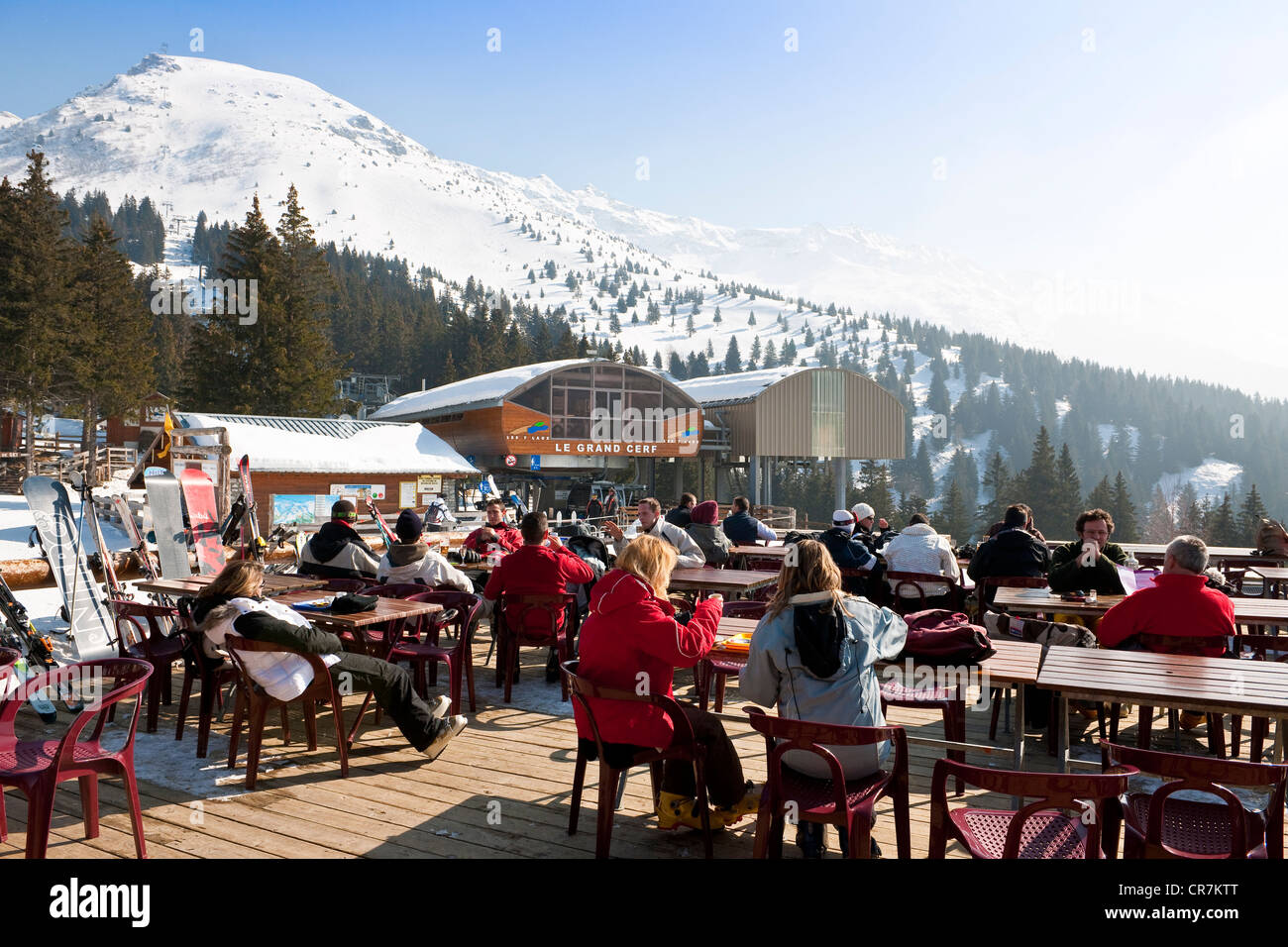 France, Isere, Massif de Belledonne, Prapoutel, Les Seven Laux Ski Resort,  The Domaine de Pipay (1550m), terrace of a restaurant Stock Photo - Alamy